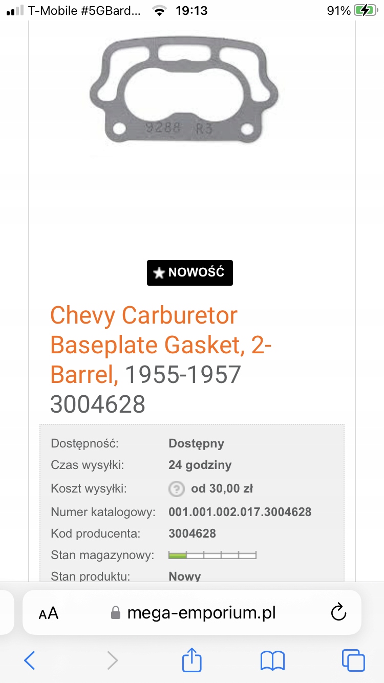 Chevy Carburetor Baseplate Gasket, 2-Barrel, 1955-1957 3004628, Auf Lager in der EU — Foto 1